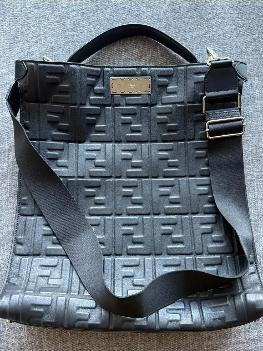 Fendi Black Leather Embossed FF Logo Crossbody Bag